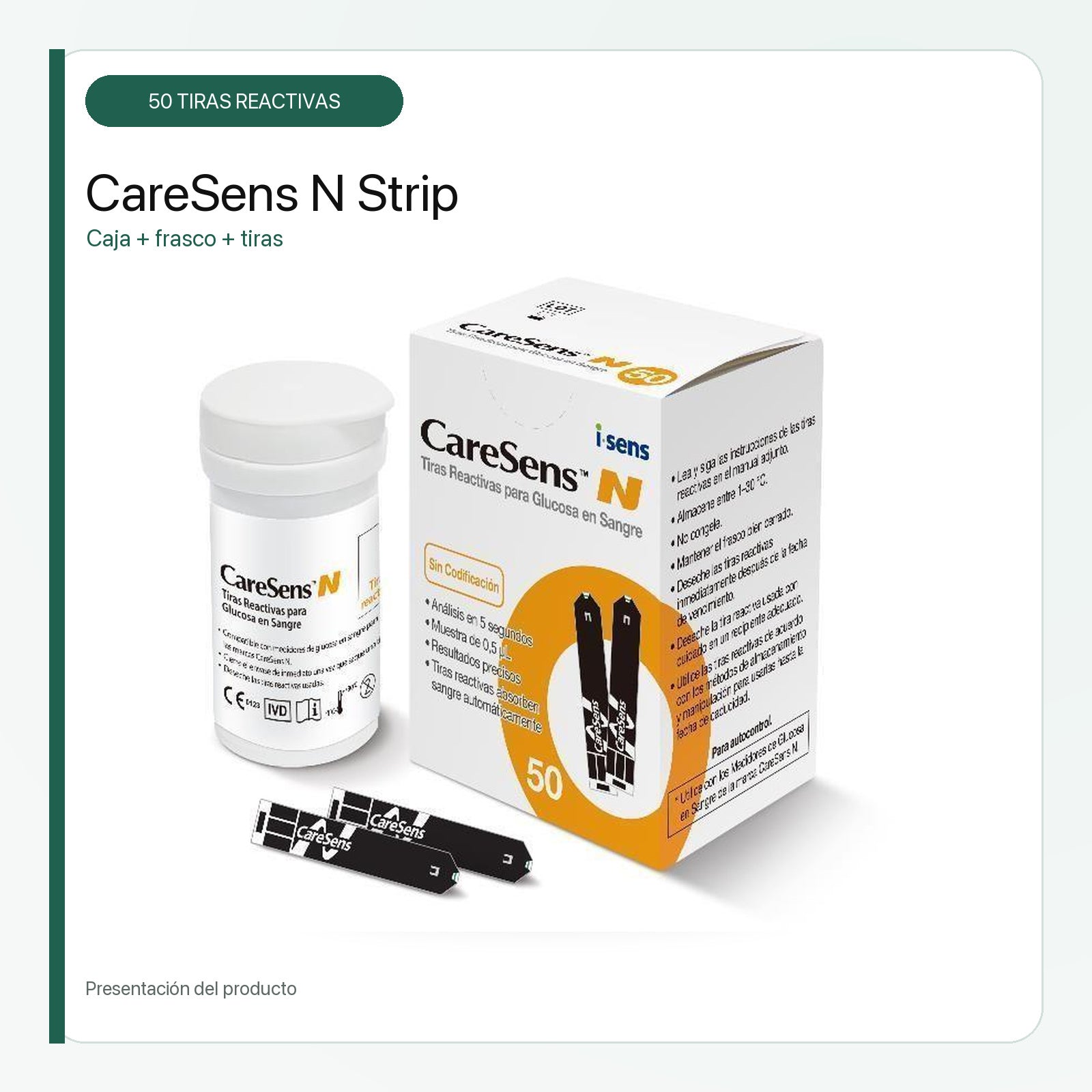 Tiras Reactivas CareSens N para Medición de Glucosa – 50 Unidades